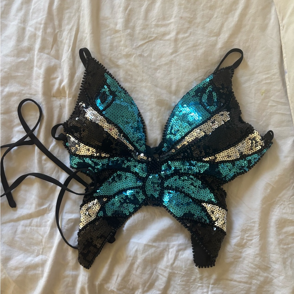 Sequin Butterfly Top in Black and Teal